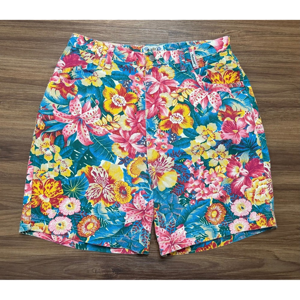 Vintage 80's Sasson Floral High Waisted Denim Shorts Tropical Womens Sz 16